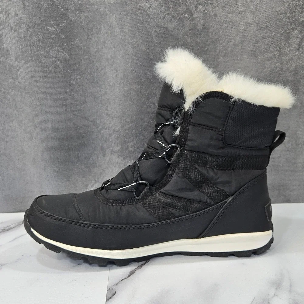 Sorel Whitney Short Lace Boots Womens 7.5 Black Waterproof Winter Faux Fur Snow